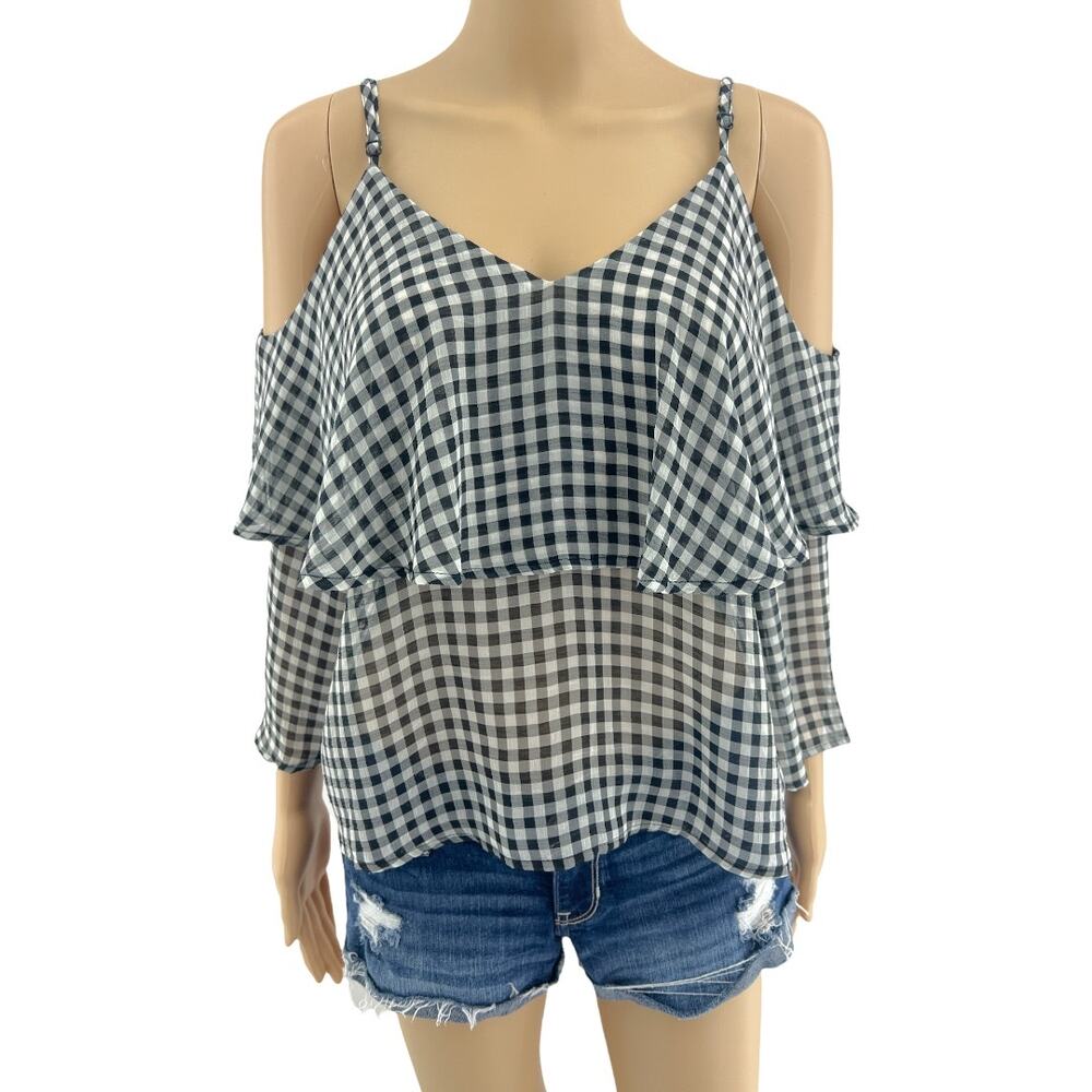 Ten Sixty Sherman LARGE Black White Sheer Gingham Plaid Cold Shoulder Top